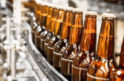 Beer bottles on conveyor system