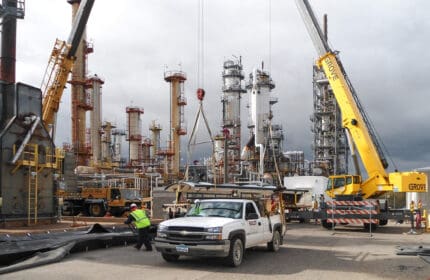 Exterior photo of St. Paul Refinery with construction equipment in background, Boldt truck and employee in foreground