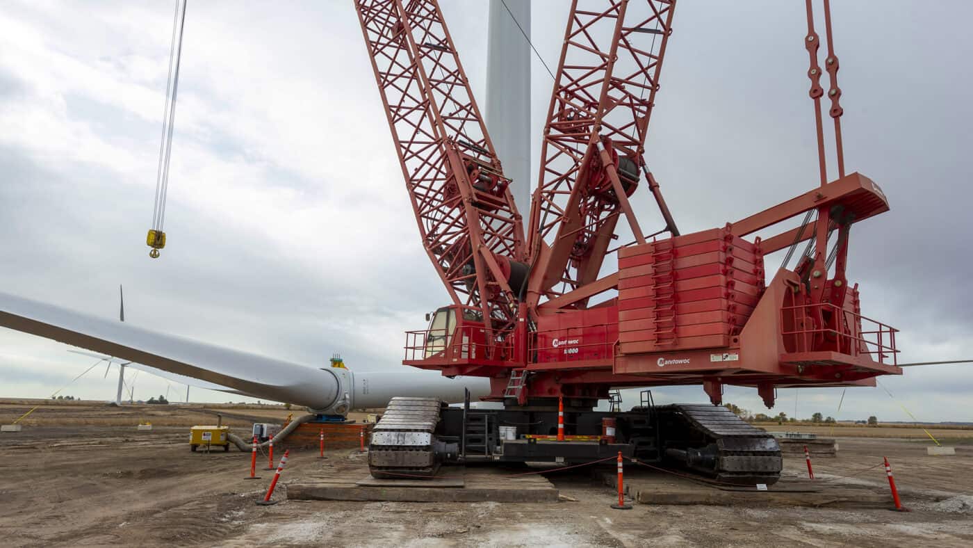 Leeward Renewable Energy - Lone Tree Wind Farm - Crane Preparing for Blade Lift during Wind Turbine Construction