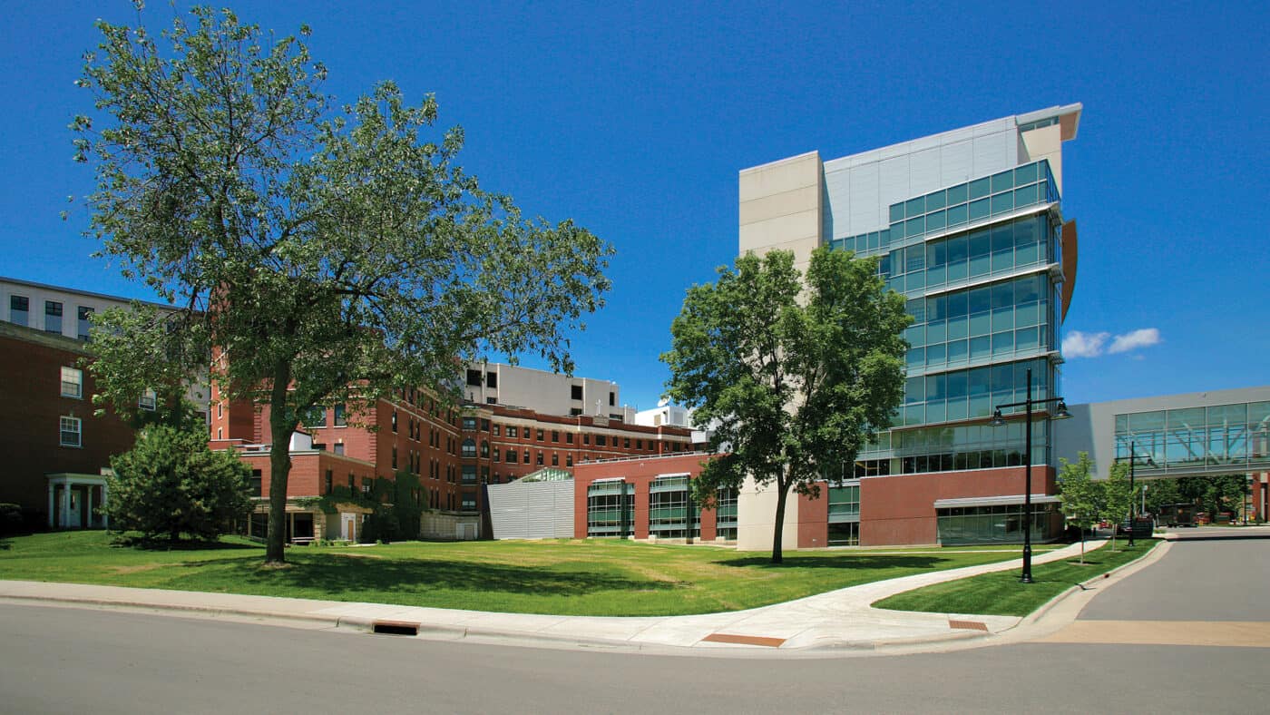 SSM Health - St. Mary's Hospital Exterior from Street with Sidewalks in Forefront