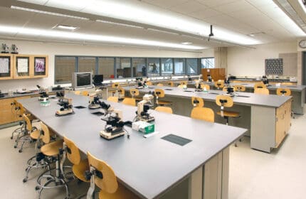 St. Olaf College - Regents Hall - Laboratory Interior with Microscopes on Lab Tables