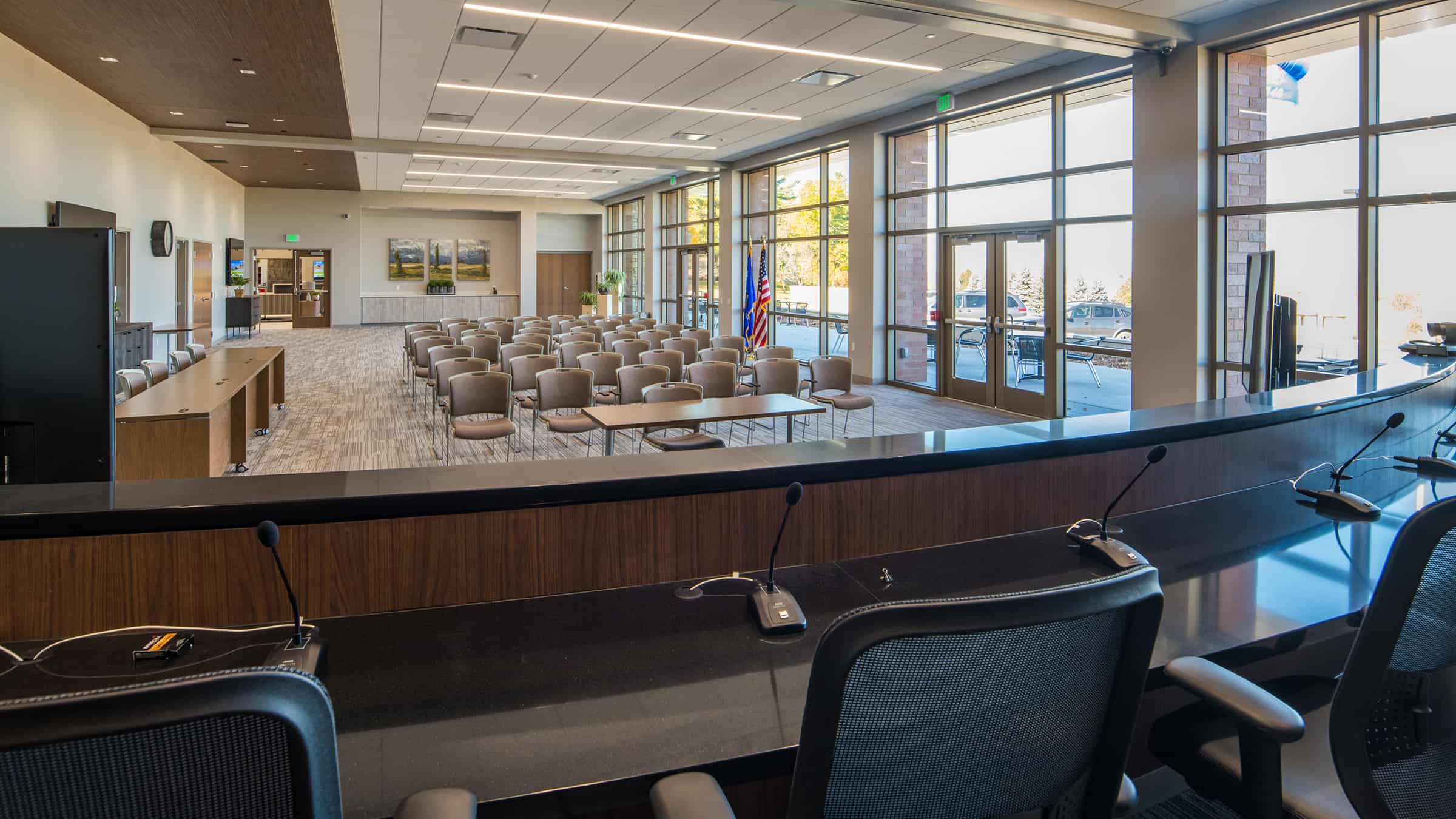 Town of Ledgeview Municipal Building - Interior View of Meeting Chambers with Seating and Outside View