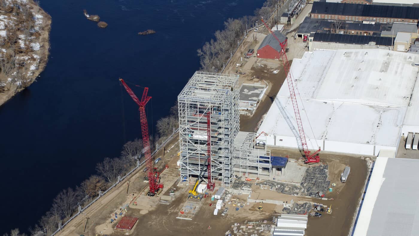 WE Energies - Biomass Fuel Cogeneration Facility - Aerial View Showing Several Cranes at Work during Construction